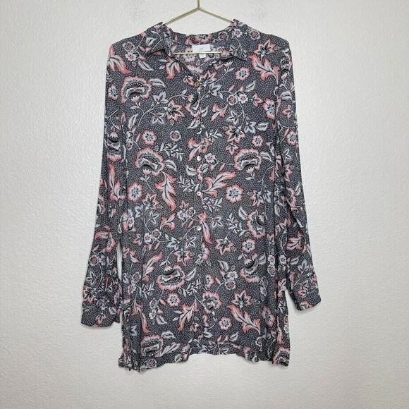 J. Jill Tunic Top Medium Marvelflor Floral Blouse Button-Up Long Sleeve Slits - Picture 2 of 9